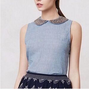 Maeve Silver Embellished Chambray Top